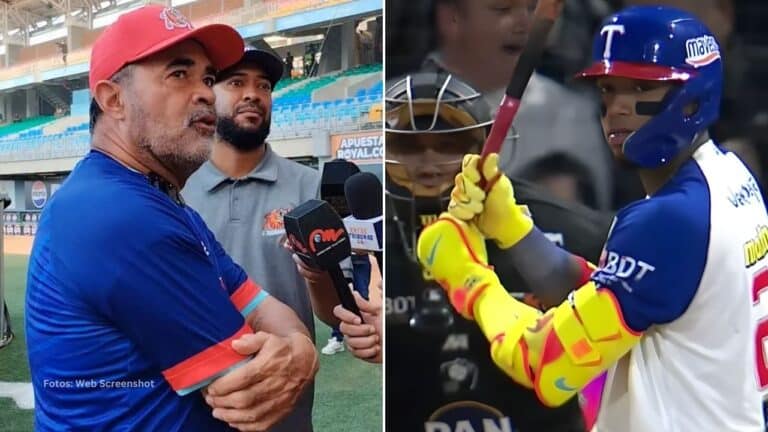 Ozzie Guillen en una entrevista y Ronald Acuña Jr tomando un turno con Tiburones de La Guaira