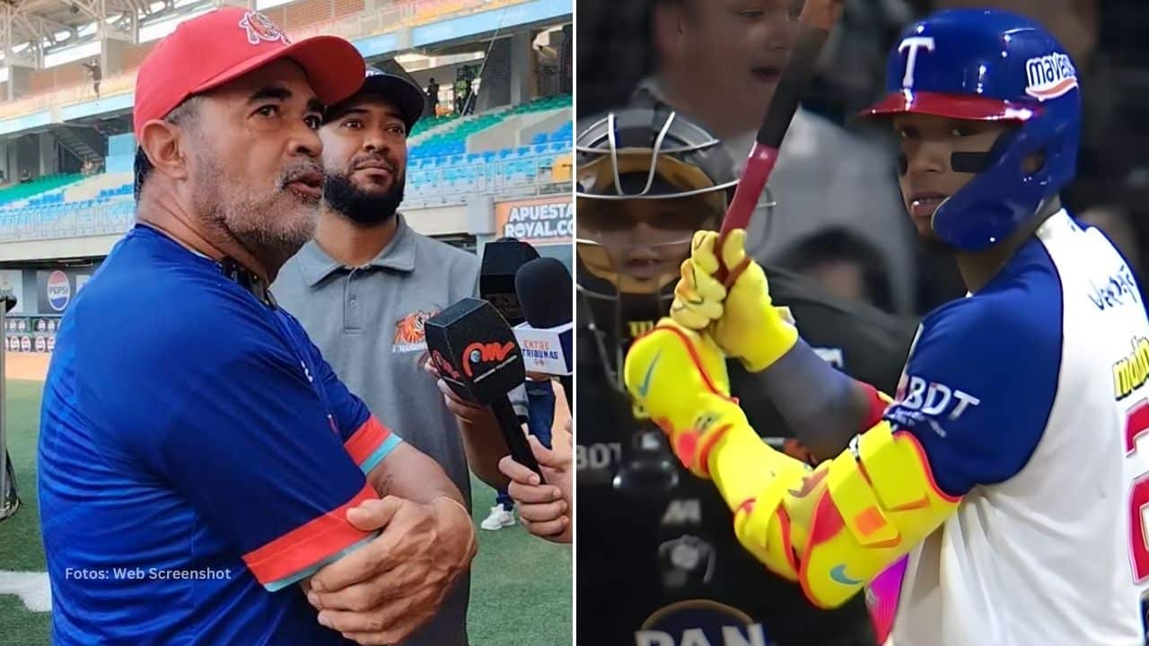 Ozzie Guillen en una entrevista y Ronald Acuña Jr tomando un turno con Tiburones de La Guaira