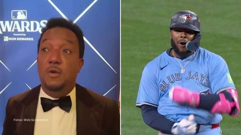 Pedro Martinez en una entrevista y Vladimir Guerrero Jr. en un juego con Toronto Blue Jays