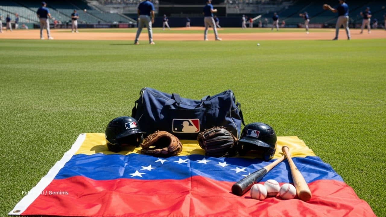 Bandera de Venezuela junto a cascos y bolsos MLB con peloteros venezolanos practicando