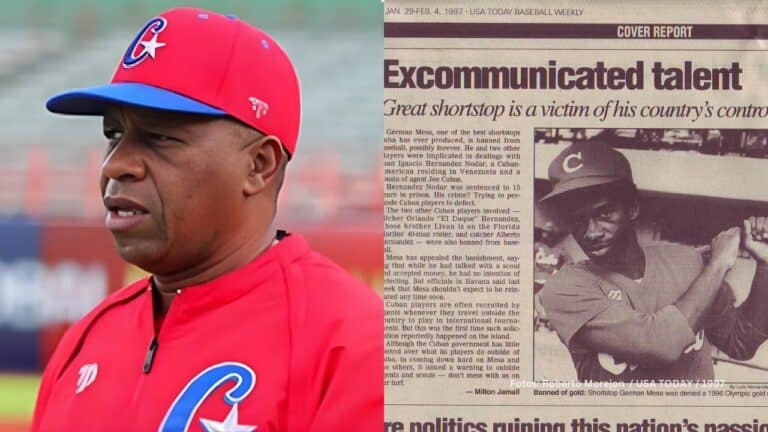 German Mesa con el equipo Cuba y recorte del periódico de USA Today de 1997