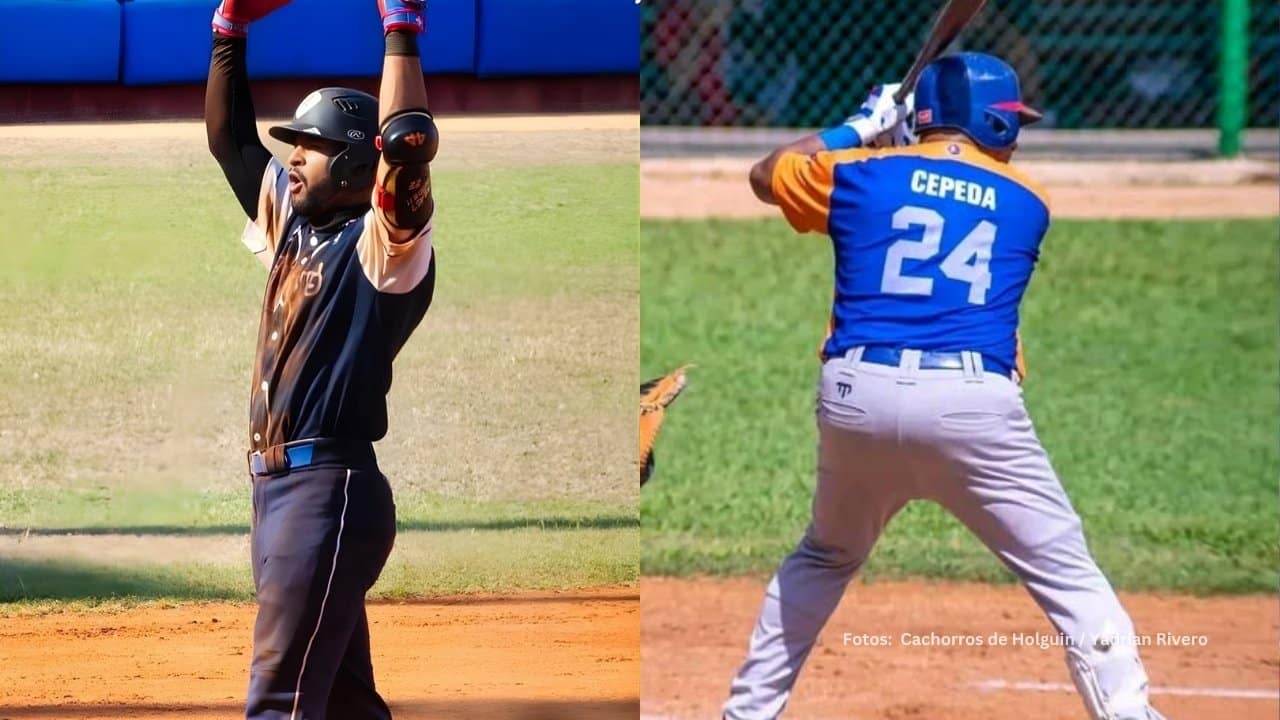 Jugador de Holguin celebrando y Frederich Cepeda bateando. Serie Nacional del beisbol cubano