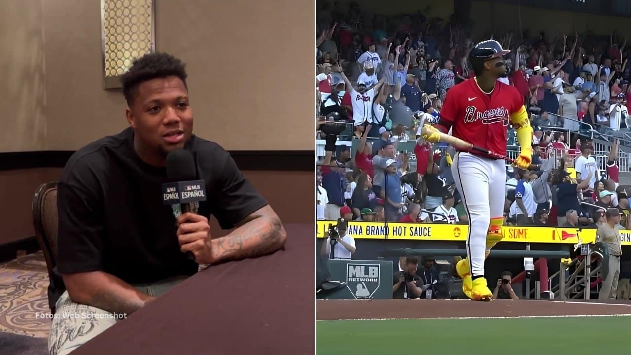 Ronald Acuña Jr. en una entrevista y bateando un jonrón con Atlanta Braves