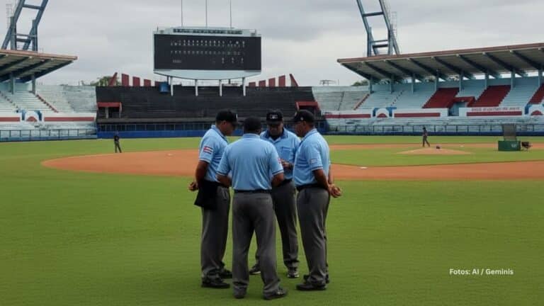 Arbitros reunidos en un estadio de la Serie Nacional