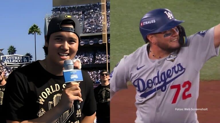 Shohei Ohtani en una entrevista y Miguel Rojas recorriendo las bases con Los Angeles Dodgers