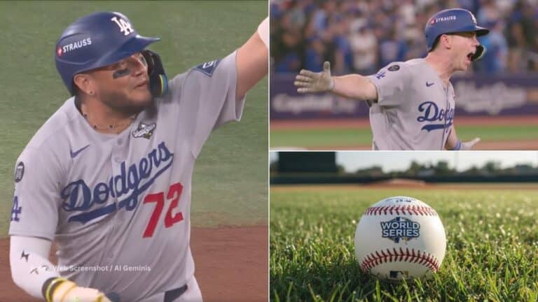 Miguel Rojas y Will Smith celebrando sus jonrones en la Serie Mundial de MLB 2025