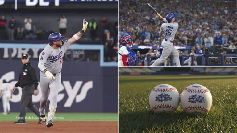 Miguel Rojas y Will Smith con los Angeles Dodgers y dos pelotas de la Serie Mundial