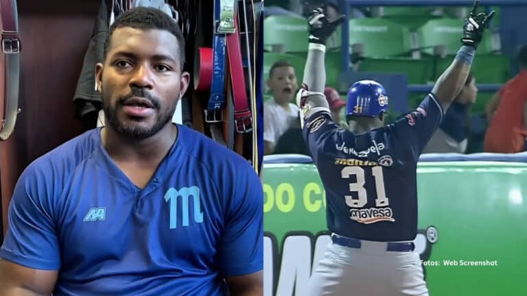 Yasiel Puig en una entrevista y celebrando un batazo con Navegantes del Magallanes