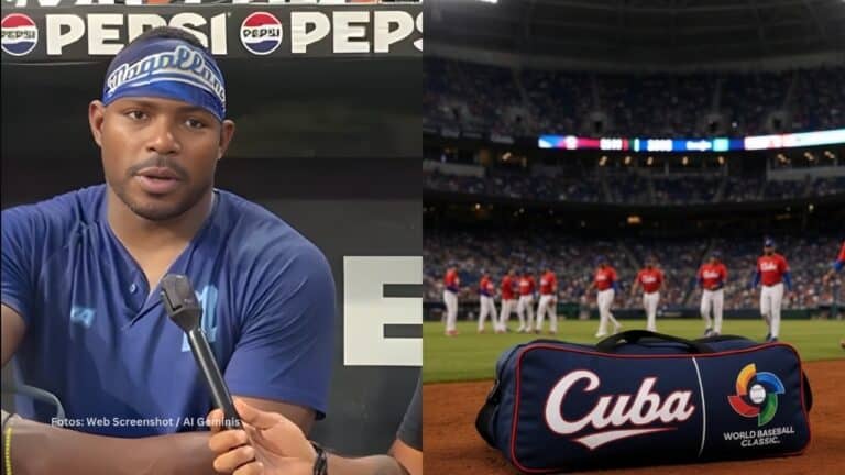 Yasiel Puig en una entrevista, bolso y jugadores del Equipo Cuba