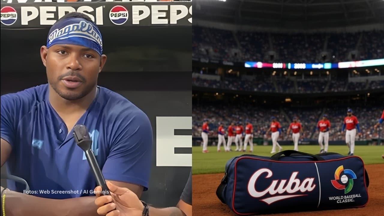 Yasiel Puig en una entrevista, bolso y jugadores del Equipo Cuba
