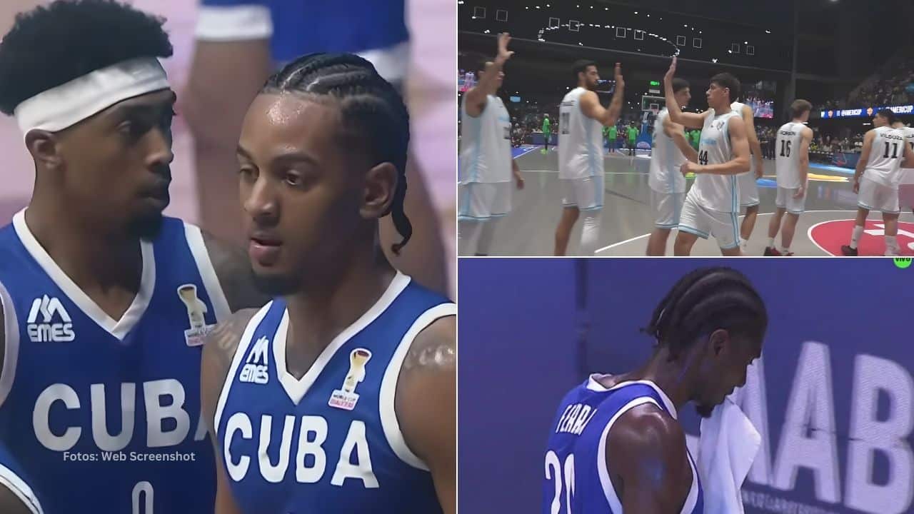 Jugadores del Equipo Cuba y jugadores de Argentina en un juego de eliminatorias FIBA