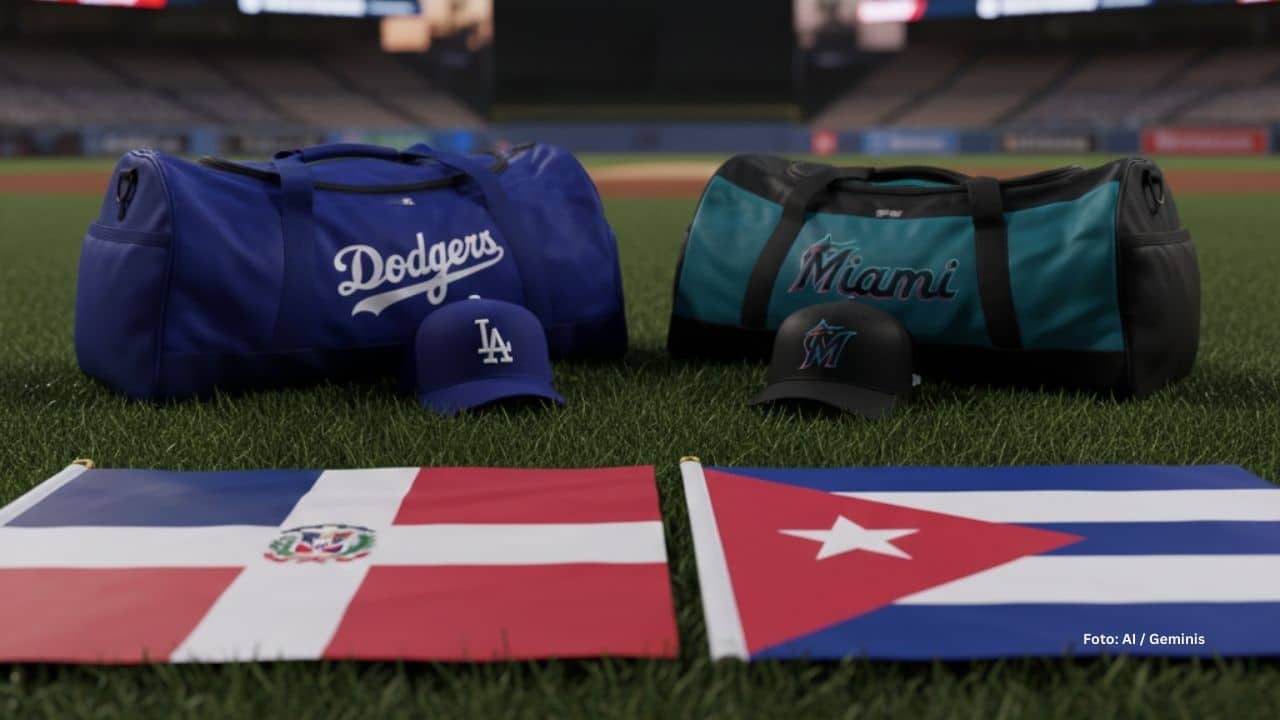 Bolso de Los Angeles Dodgers y Miami Marlins junto a las banderas de Rep. Dominicana y Cuba