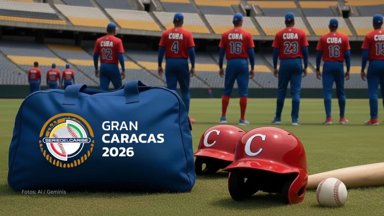 Bolso de Serie del Caribe 2026 con jugadores de Equipo Cuba atras