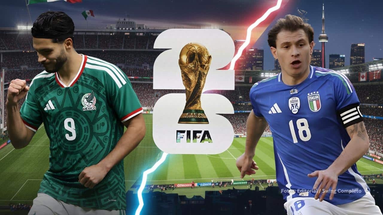 Raul Jimenez con Mexico y Nicollo Barella con Italia. Logo del Mundial de Futbol FIFA 2026