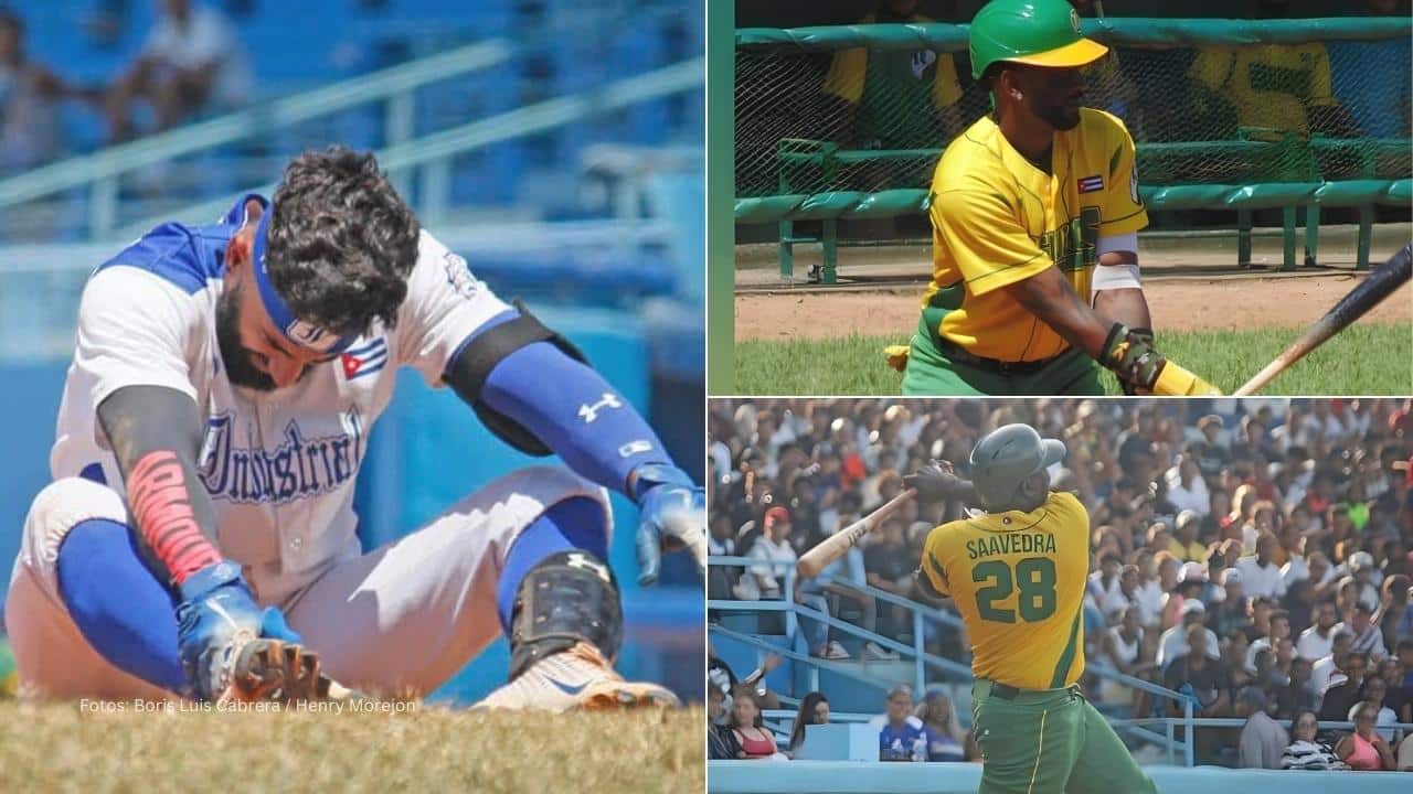 Jugador de Industriales en el suelo, Alexei Ramírez y Williams Saavedra con Pinar. Serie Nacional