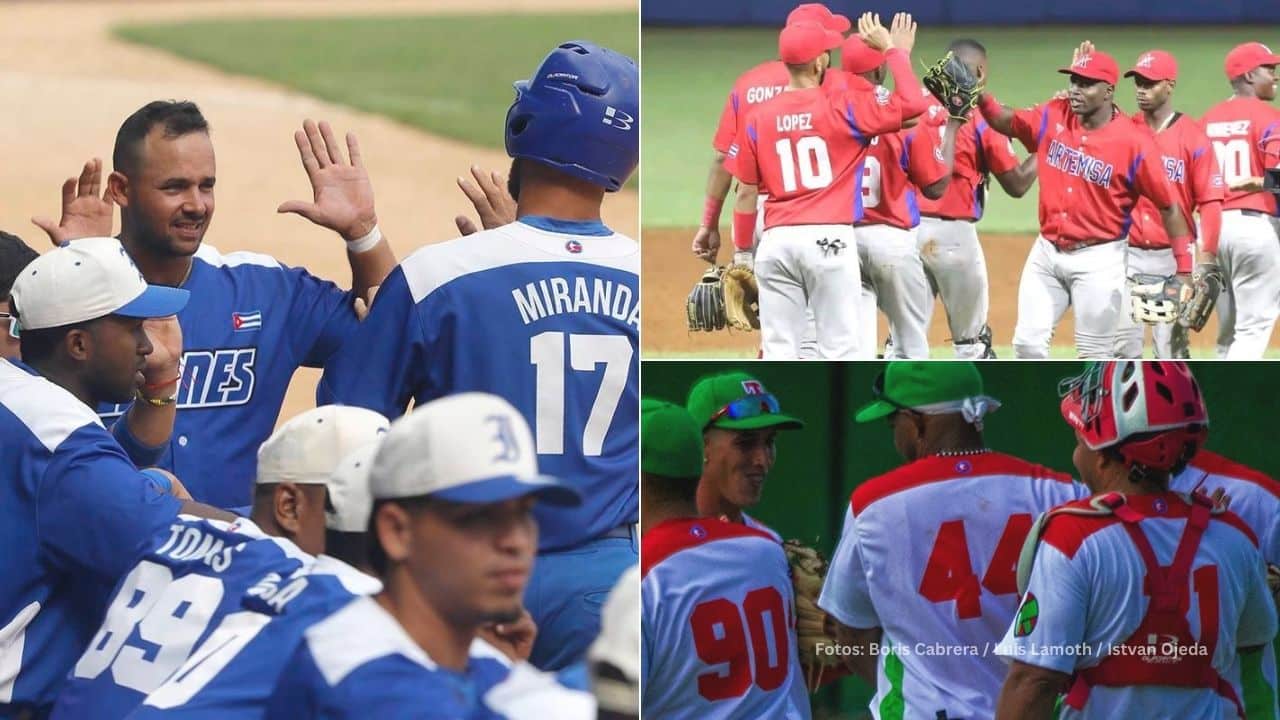 Jugadores de Industriales, Artemisa y Las tunas celebrando en 64 Serie Nacional