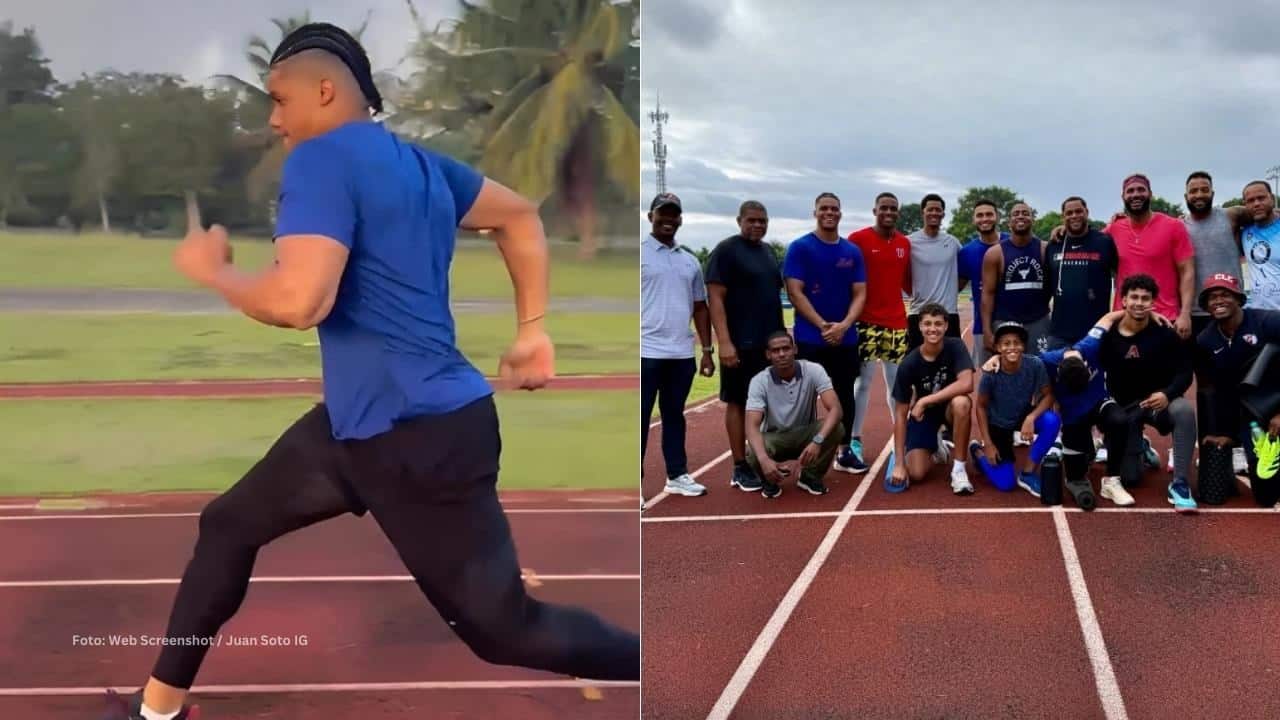 Juan Soto trotando y compartiendo con otros atletas un en entrenamiento el 31 de diciembre