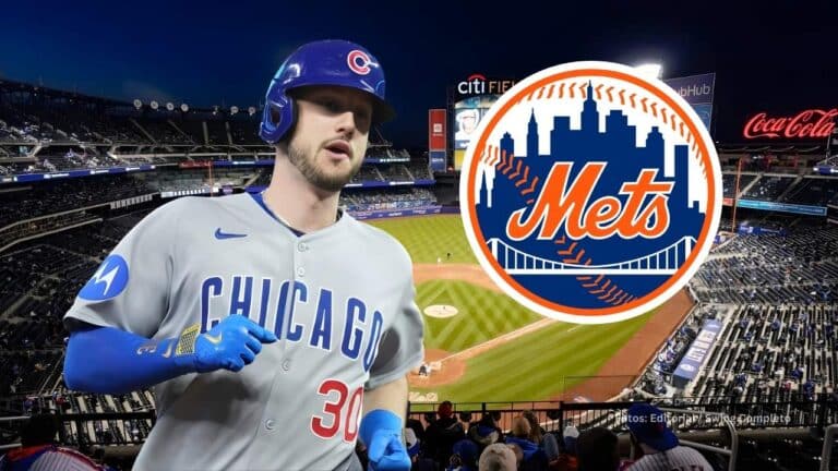 Kyle Tucker con el Citi Field de fondo y el logo de New York Mets