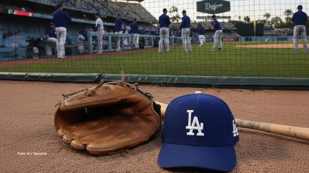 Gorra de Los Angeles Dodgers con jugadores en la practica al fondo