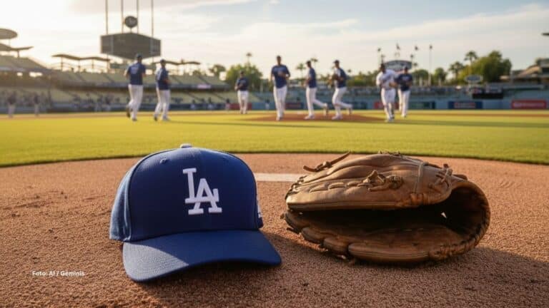 Gorra de Los Angeles Dodgers y jugadores practicando al fondo