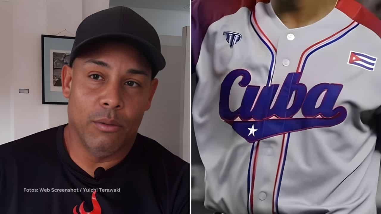 Michel Enriquez en una entrevista y el uniforme del Equipo Cuba