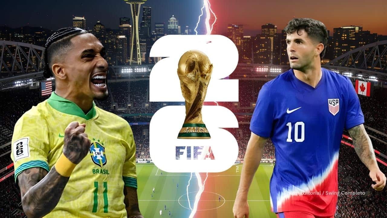 Raphina con Brasil y Pulisic con Estados Unidos. Logo del Mundial de Futbol FIFA 2026