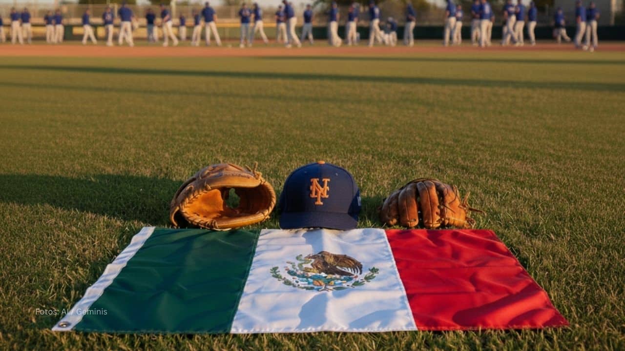 Gorra de New York Mets junto a bandera de Mexico y jugadores al fondo