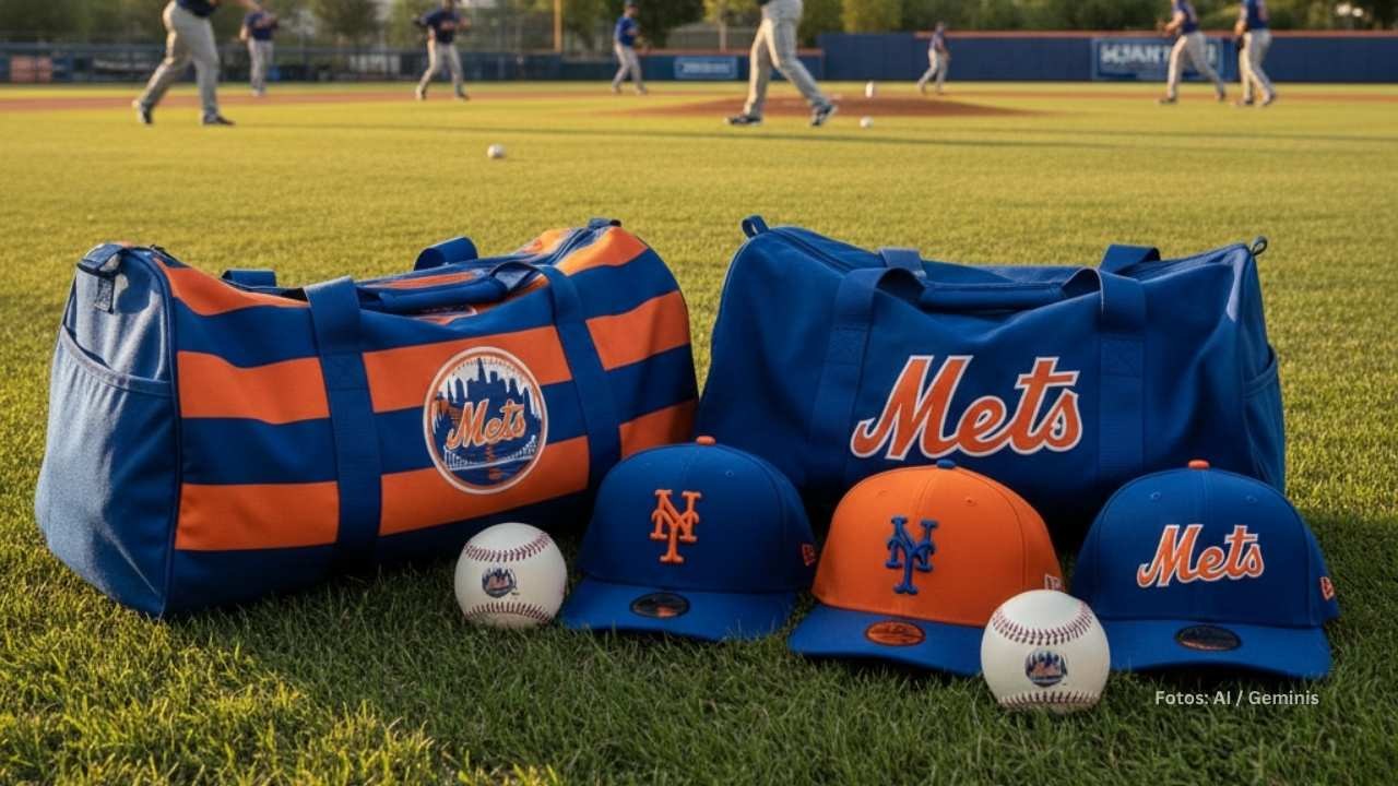 Bolsos y gorras de New York Mets en una practica