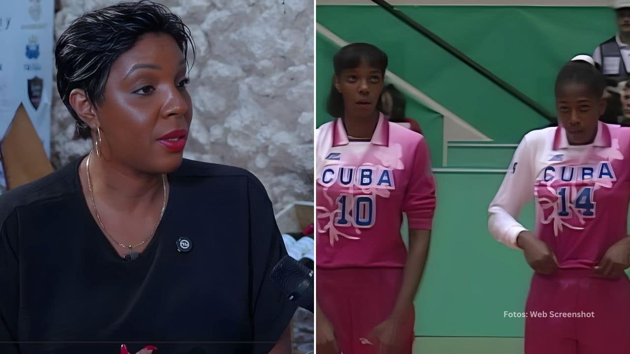 Regla Torres en una entrevista y con el equipo de Voleibol femenino de Cuba