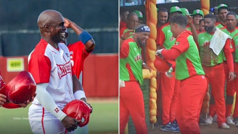 Dennys Laza con Mayabeque y jugadores de Las Tunas celebrando. Serie Nacional