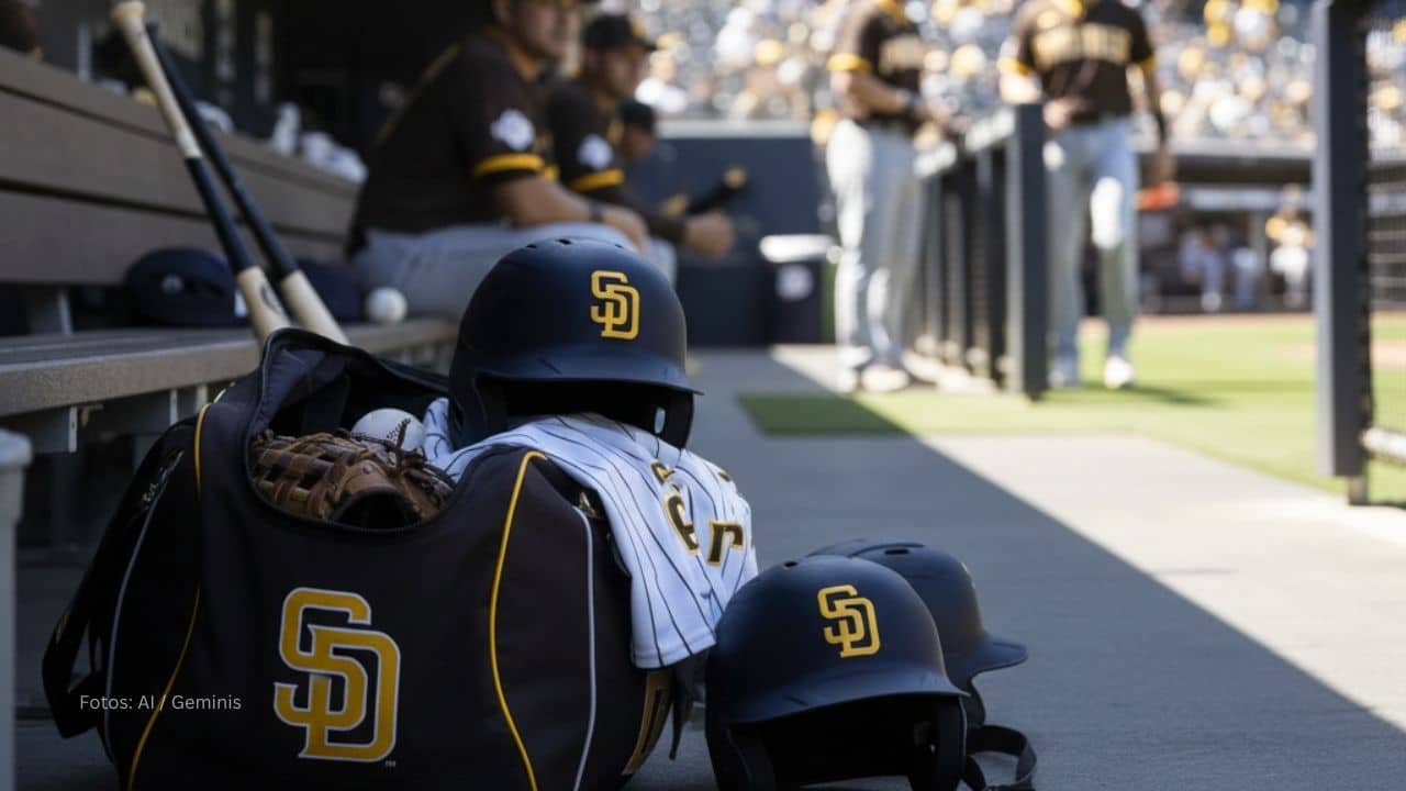 Bolsos y cascos de San Diego Padres en el dugout