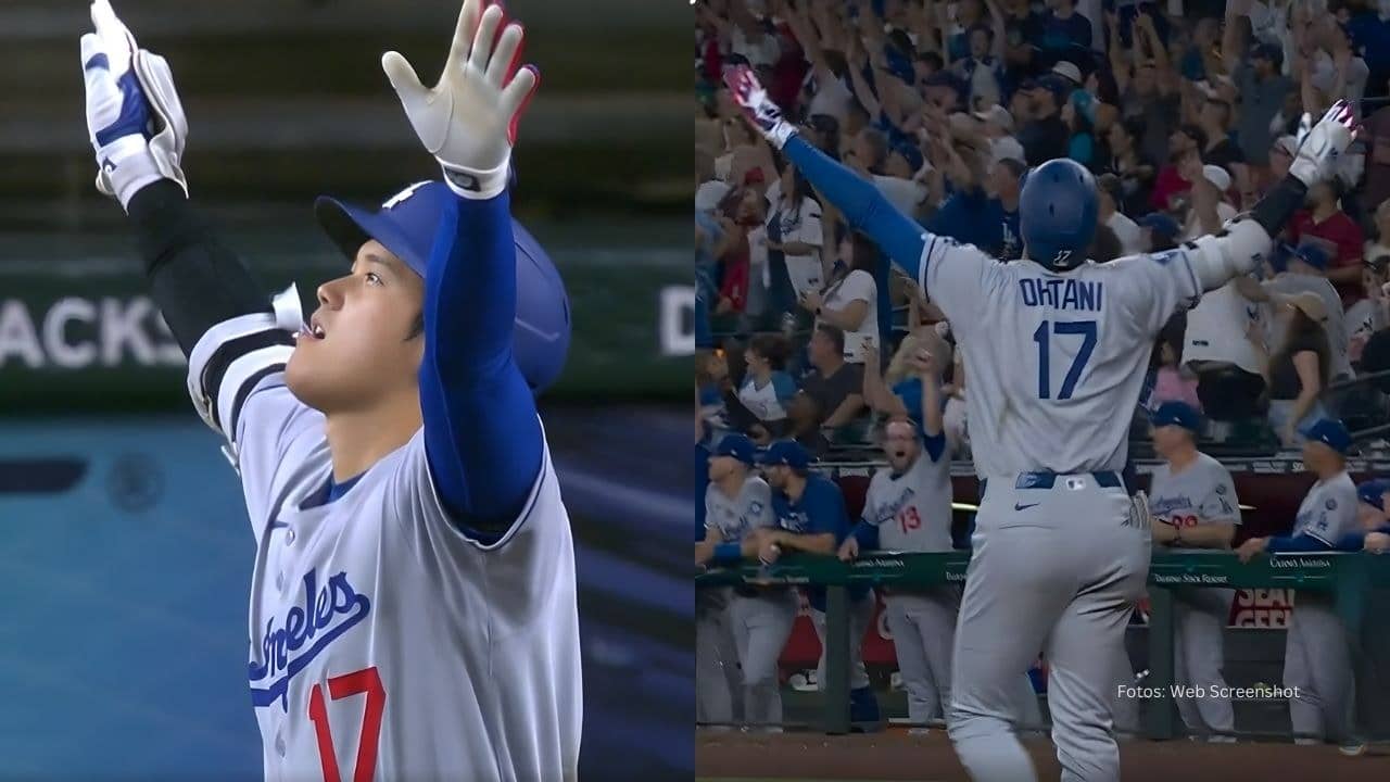 Shohei Ohtani alzando las manos tras conectar jonrón con Los Angeles Dodgers