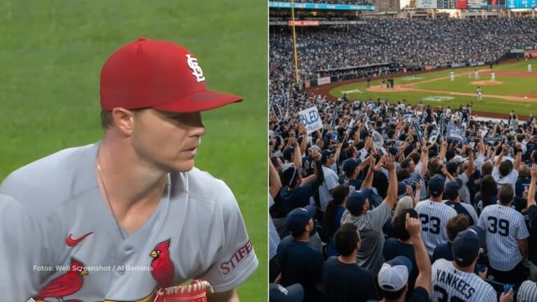 Sonny Gray lanzando con St. Louis Cardinals y la fanaticada de New York Yankees