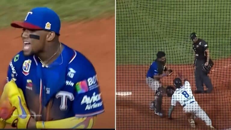 Ronald Acuña Jr. celebrando el out en home con Tiburones de la Guaira