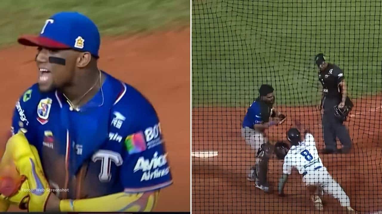 Ronald Acuña Jr. celebrando el out en home con Tiburones de la Guaira