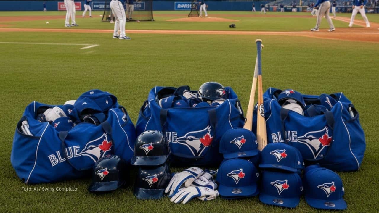 Bolso y cascos de Toronto Blue Jays en una practica