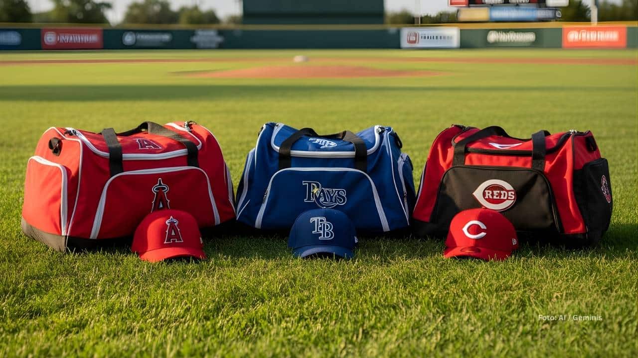Bolso y gorra de Los Angeles Angels, Tampa Bay Rays y Cincinnati Reds