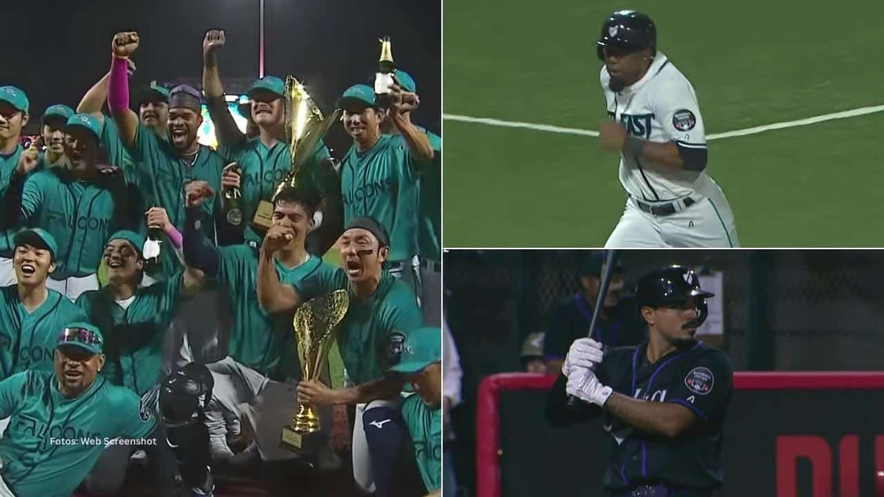Jugadores celebrando el primer titulo en el Baseball United, Alejandro De Aza recorre las bases y Miguel Ojeda bateando