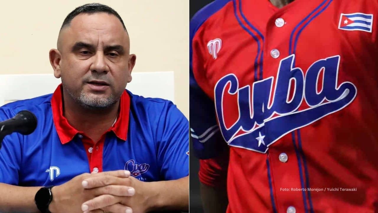 Comisionado Juan Reynaldo Pérez Pardo en una rueda de prensa y el uniforme del Equipo Cuba
