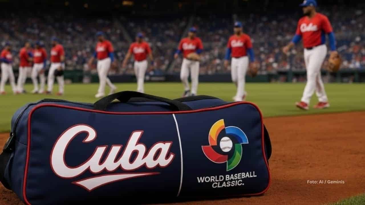 Bolso del Equipo Cuba con el logo del WBC y jugadores al fondo