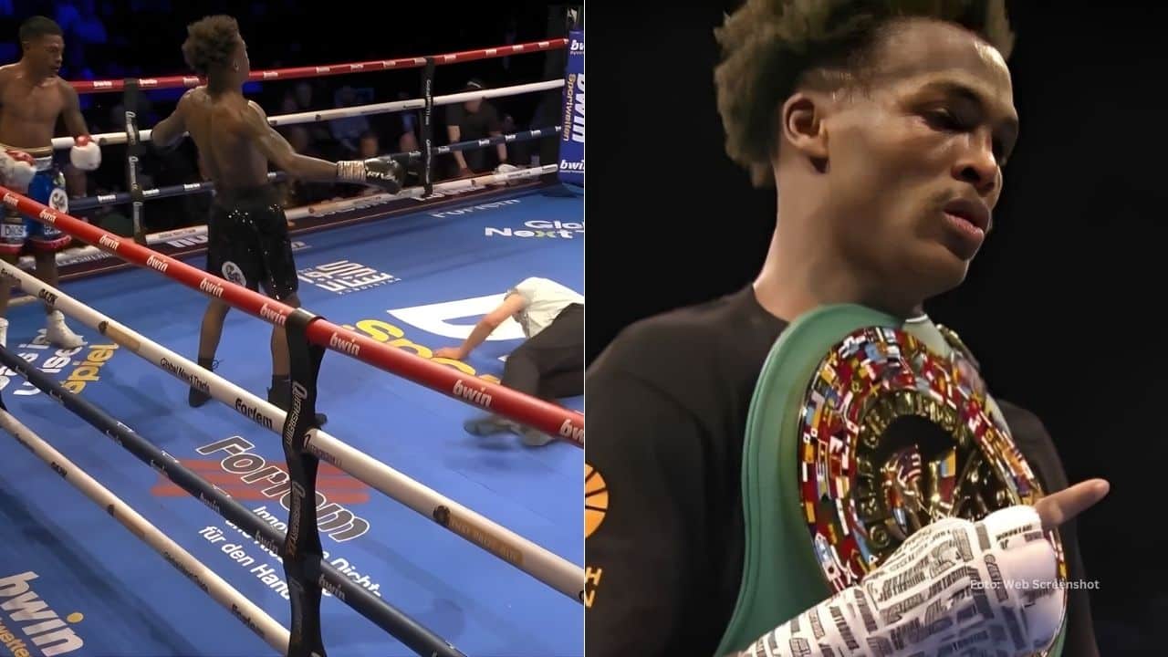 Boxeador cubano Jadiel Herrera con el cinturón de campeón interino WBC