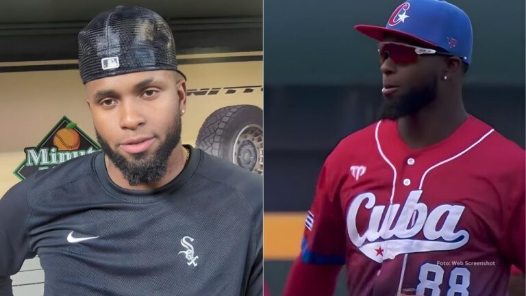 Luis Robert Jr en una entrevista y con el Equipo Cuba