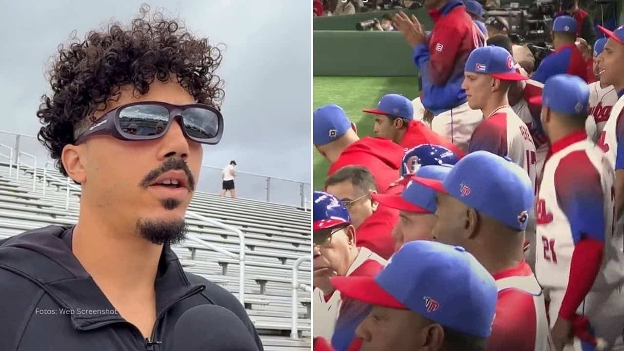 Miguel Vargas en una entrevista y jugadores del equipo Cuba