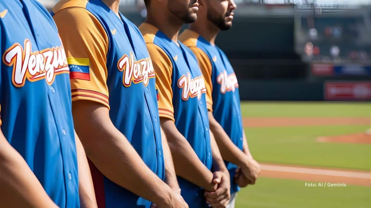 Peloteros venezolanos formados con el uniforme del pais