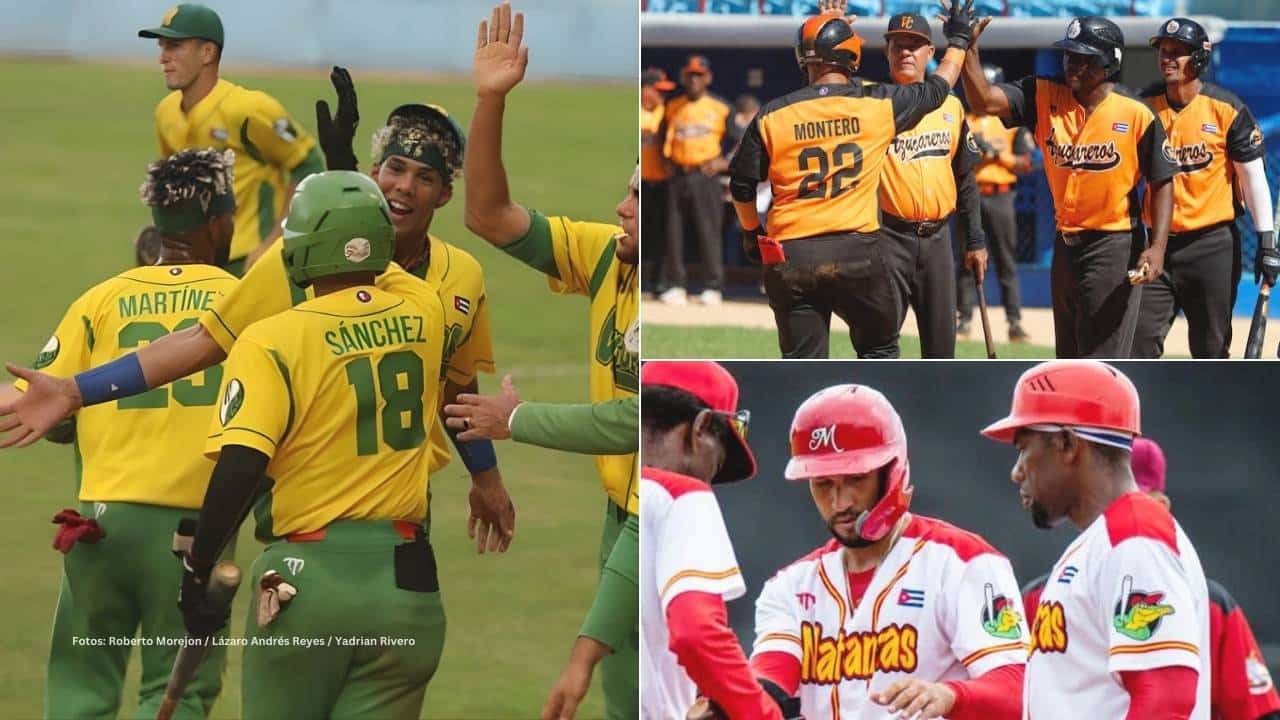 Jugadores de Pinar y Villa Clara celebran y peloteros de Matanzas en la Serie Nacional