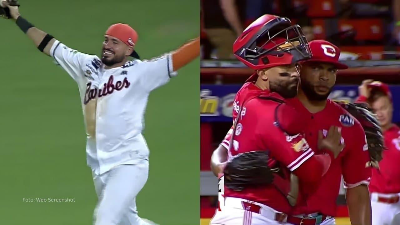 Herlis Rodriguez con Caribes de Anzoategui y jugadores de Cardenales de Lara celebran en el Round Robin de la LVBP