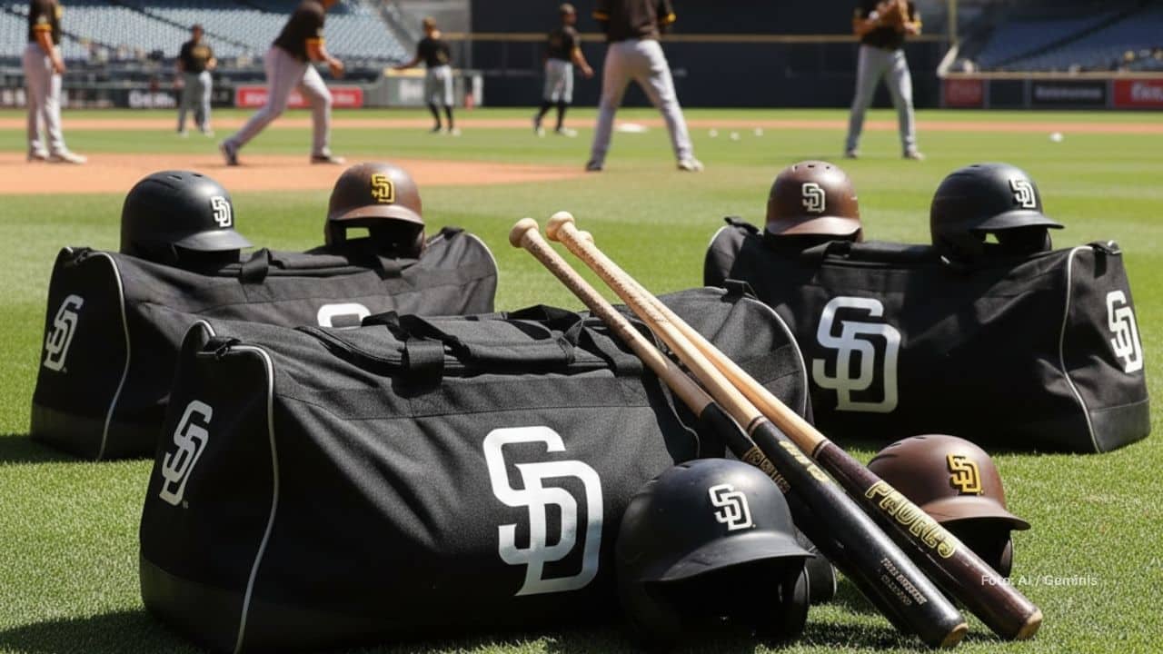 Bolsos y cascos de San Diego Padres en un terreno de juego