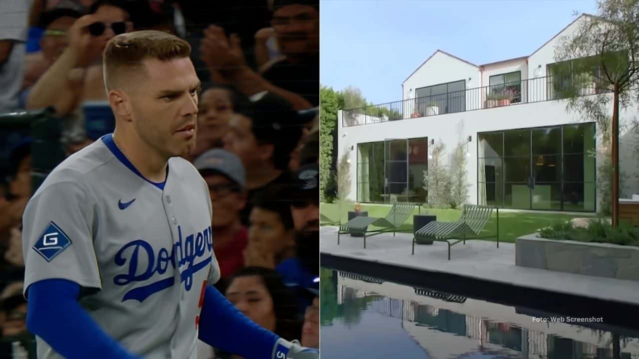 Freddie Freeman con el uniforme de Los Angeles Dodgers y su antigua mansión en Studio City